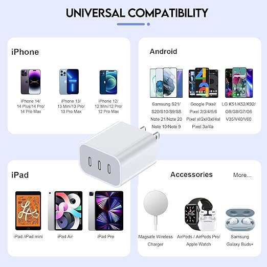 iPhone 16/17 Charger Block,USB C Charger [2 Pack] 35W 3-Port Wall Cube Fast Type C Charging Block PD Power Adapter for iPhone 17/17 Pro Max/16/16Pro/15/15Pro/14 Pro Max/13/12/11, iPad,Galaxy,Pixel 4/3