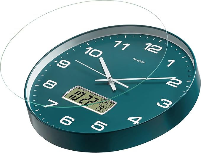 TIMESS Wall Clock, 14" Large Dial Non-Ticking Silent Battery Operated Analog with LCD Display for Perpetual Calendar and F° Temperature, Ideal Modern Home, Bedroom, Kitchen, Office Decor(Green)