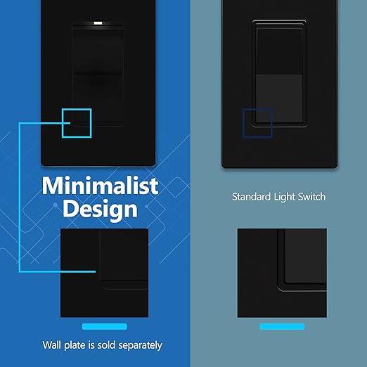 LIDER Minimalist Design Matte Finish Lighted Decorator Switch, Frameless Paddle Light Switch with Locator Light, Grounding Screw, 15A 125V, UL Listed, LS15-1P-BK2P, Black, 2 Pack