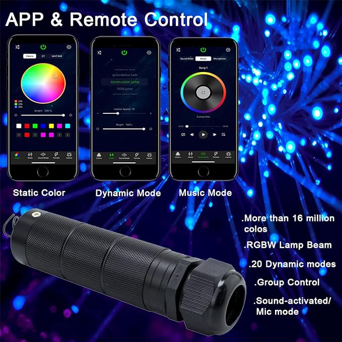 AZIMOM 6W Bluetooth Music Control RGB LED Fiber Optic Lights Star Ceiling Light Kit RF 28 Key Remote APP Sensor Light Source 550pcs 0.75mm 13.1ft Fiber Strands for Indoor Car Home Interior Decoration