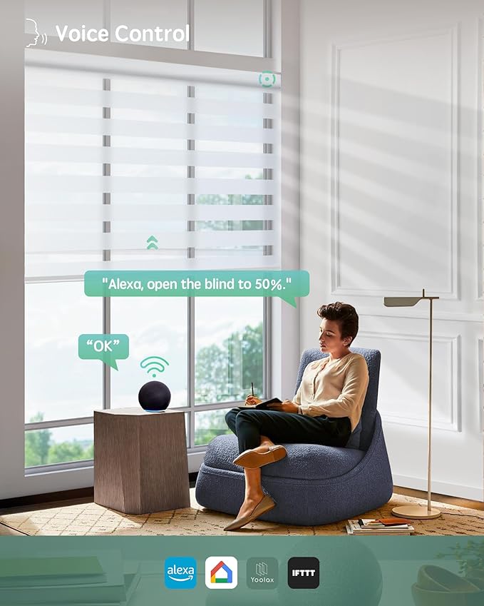 Yoolax Motorized Zebra Blinds Works with Alexa, Motorized Blinds with Remote Custom Size, Privacy Electric Zebra Shades for Windows (80% Shading White)