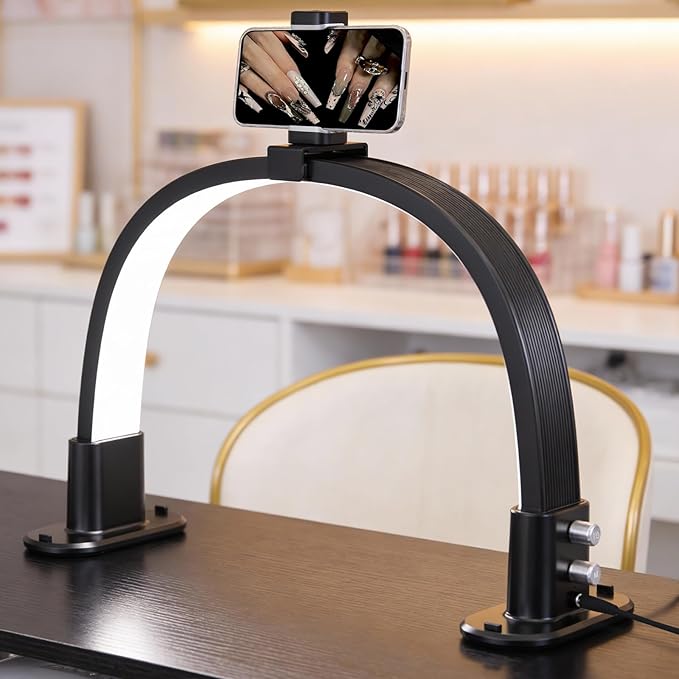 Half Moon Light for Nail Desk, Portable Nail Light for Desk with Phone Holder, Stepless Adjustment of Brightness and Color Temperature, Desk Lamp for Nail Tech, Eyelash, Tattoo, Makeup (Black)
