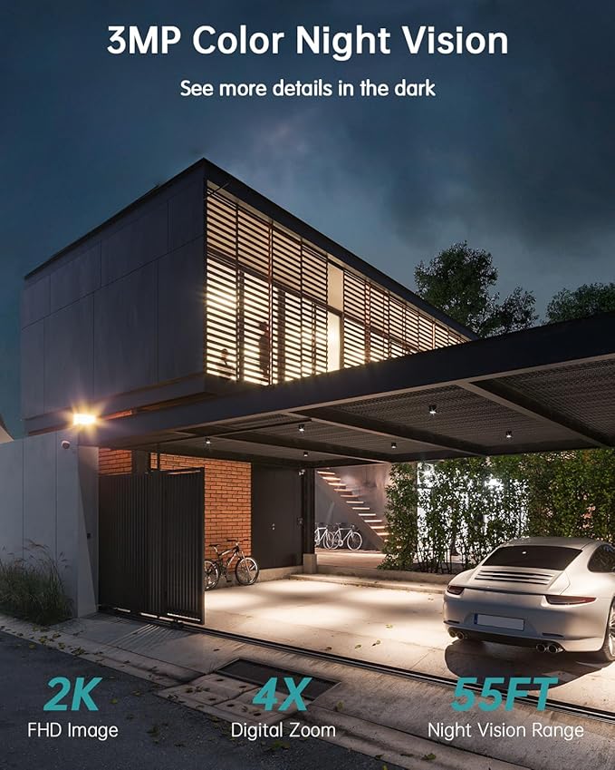 ZUMIMALL 2K Solar Security Cameras, 360° View Outdoor Camera Wireless Solar Powered, 2.4G WiFi Only, Spotlight/Siren/3MP Color Night Vision/2-Way Audio/AI Detection/IP66, Work with Alexa, 4-Pack