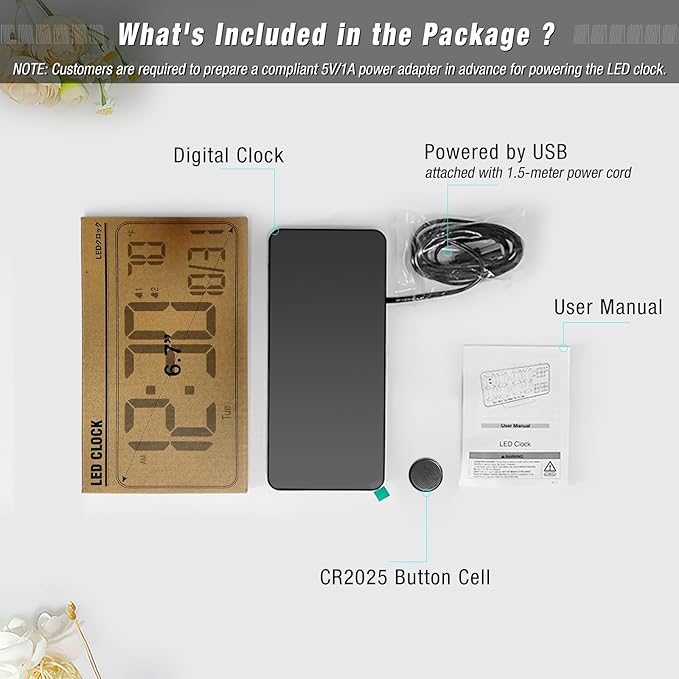 KOSUMOSU Digital Alarm Clocks for Bedrooms,6.7in Black Small Digital Clock for Bedroom, Auto Dimming,Date,Week,Seconds or Indoor Temperature,Desk Clocks for Living Room,LED Alarm Clock Calendar