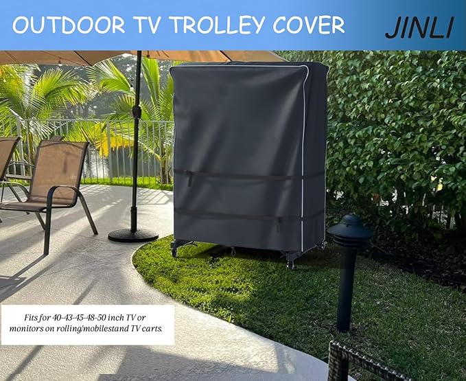JINLI 45-50 inch outdoor TV trolley cover, courtyard TV cover, Oxford fabric waterproof and dustproof, triple windproof design, compatible with rolling/mobile stand