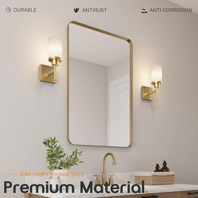 AONEON Vanity Lighting Fixtures with White Frosted Glass Shade, Modern Gold Wall Lamps for Bathroom Mirror Bedroom Living Room Porch, 2 Pack T001GD-L1-P2