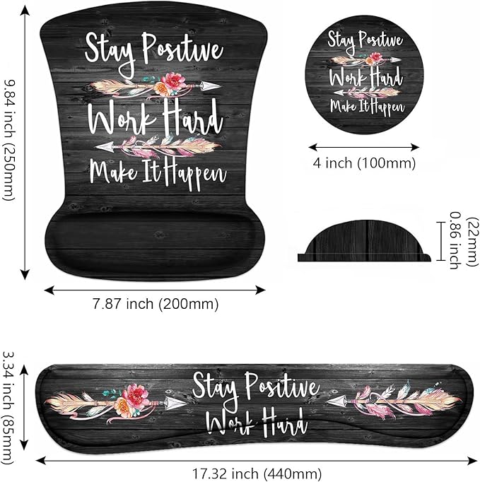 Mouse Pad Wrist Support and Keyboard Wrist Rest Set with Coasters, Stay Positive Work Hard and Make It Happen Inspirational Quote Wrist Mouse Pad with Non-Slip PU Base for Home Office Working Studying