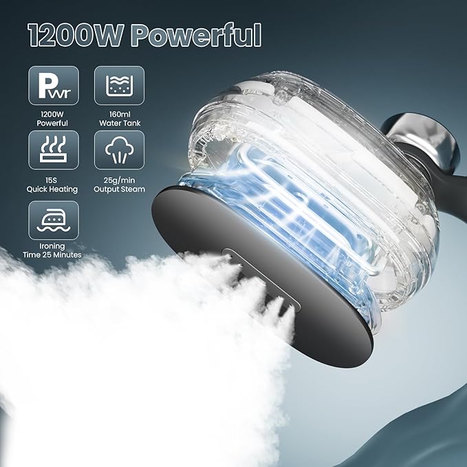 Killrose Steamer for Clothes, 2 in 1 Clothes Steamer Handheld, 1200W Steam Iron, 3 Level Thermometer Display Dashboard Travel Iron, 180° Rotatable Portable Handheld, 15s Heat Up, Water Tank, 120V