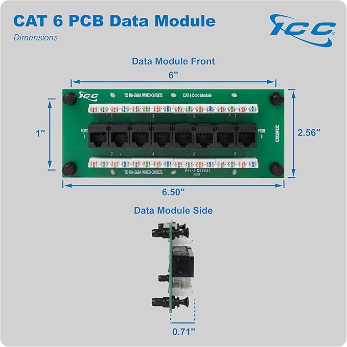 ICC CAT6 Ethernet Data Module, 8 Ports, UL Listed & PoE++ Rated, High-Performance Network Interface, Quick Push-Pin Mount, Fits 9", 14", and 28" Structured Wiring Enclosures