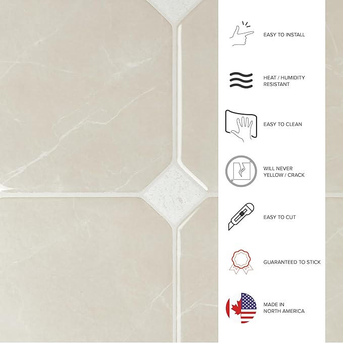SMART TILES Peel and Stick Backsplash - 5 Sheets of 7,75" x 7,75" Betera Beige - 3D Adhesive Peel and Stick Tile Backsplash for Kitchen, Bathroom, Wall Tile