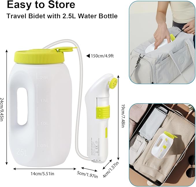 Portable Bidet for Travel，Handheld Electric Bidet Sprayer with 2.5L Water Bottle for Waterproof Handheld Sprayer for Personal Hygiene，1600mAh Battery, 70-Minute Usage, 1300ML/Min Flow, USB-C
