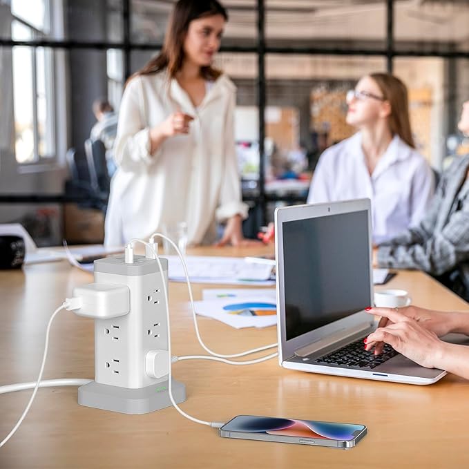 BEVA Power Strip Tower with USB Ports, 16 in 1 Surge Protector Tower, 12 AC and 4USB Ports, 10 FT Extension Cord with Multiple Outlets, Power Tower Charging Station for Office Supplies（White）