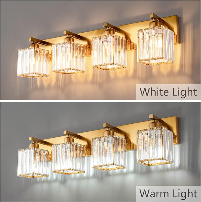 FDPBY Modern Vanity Light 4-Lights Modern Gold Brushed Brass Finish Crystal Wall Light Bathroom Vanity Light Fixtures