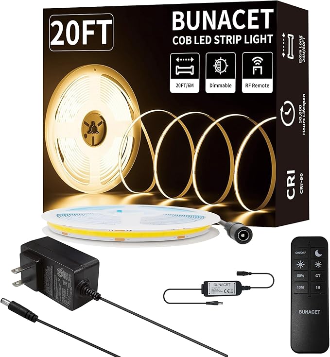 BUNACET COB LED Strip Lights, Bright COB LED Lights 20ft LED 3000K Cool White Dimmable LED with RF Remote Under Cabinet Lighting for Bedroom Counter Kitchen