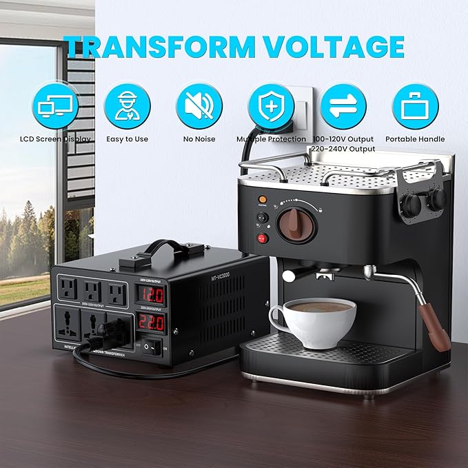 3000W Voltage Converter Transformer(110V to 220V or 220V to 110V) Step Up/Down Converter 110/120 Volt - 220/240 Volt w/US Power Cord,Circuit Breaker Protection, LCD Screen Display