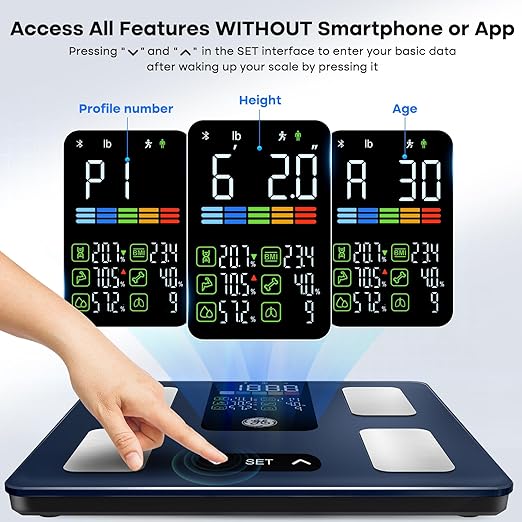 GE Smart Scale for Body Weight, BMI, Fat, Muscle Mass, Digital Bathroom Scales 500lbs Bluetooth 11.8" Large Platform Weighing Machine Health Monitor with App, Blue Button Control