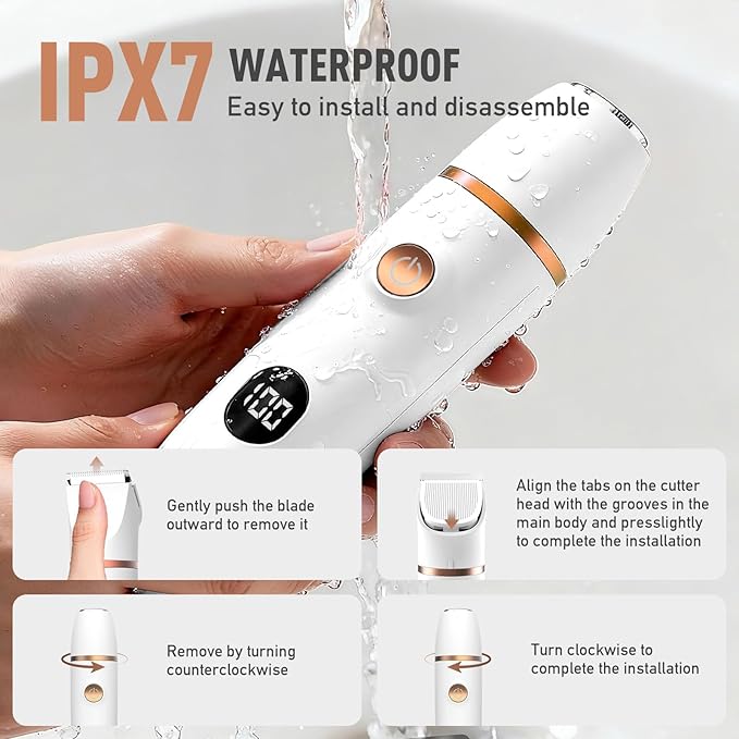 Crolanli Bikini Trimmer for Women, 3-in-1 Electric Razors for Women, IPX7 Waterproof Rechargeable Cordless Pubic Hair Shaver, with LED Display, for Ladies Bikini Pubic, Face, Underarms, Legs(White)