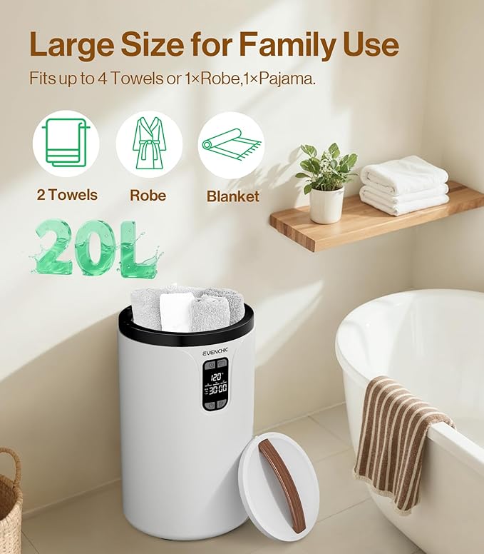 Evenchic Towel Warmer, 20L Hot Towel Warmers for Bathroom with 24H Timer, Temperature Adjustable, LED Display, Auto Shut Off, Even Heated for Oversized Towels, Bathrobes, Blankets