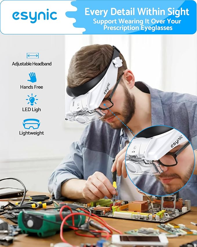 eSynic Head Magnifier with 2 LED Light-1.5X-13X Magnification with 5 Acylic Lens Set & Comfort Fit Design- 2 Level Brightness USB-C Rechargeable Headband, Hands-Free for Jewelry Repair/Reading/Crafts