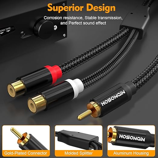 HOSONGIN RCA Splitter 1 Male 2 Female Audio Cable (2 Pack), 24K Gold-Plated Plug, Cotton Braided Jacket, Dual Shielded Y Splitter Adapter for Amplifiers, TV, Home Theater, Hi-Fi Systems -12 inch