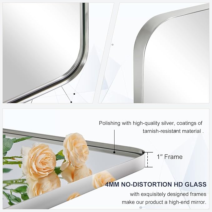 ANDY STAR Chrome Bathroom Mirror, 24”x40” Polished Nickel Rounded Corner Rectangle Mirror, Modern Metal Frame Bathroom Vanity Mirror