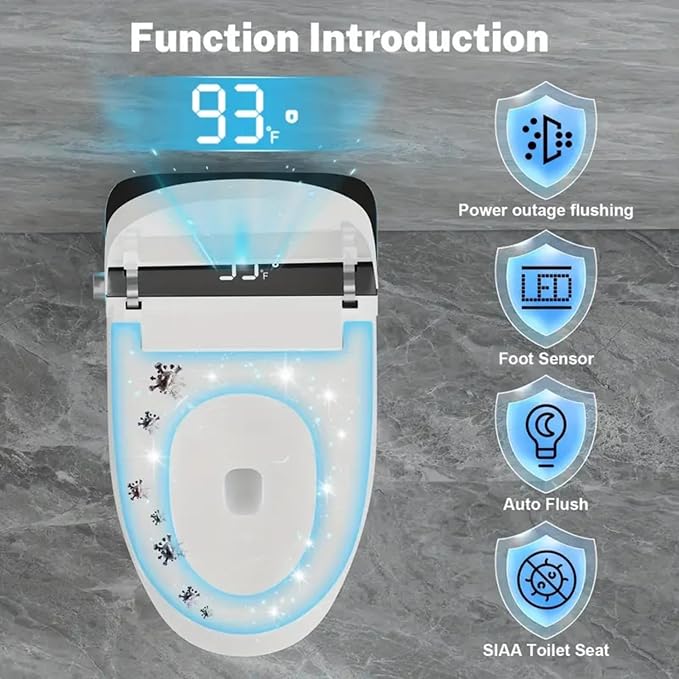 Smart Toilet with Elongated Heated Seat, Auto Flush, Manual Soft-Close Seat & Lid, Night Light, Electric Tankless Toilets with Dual Flush 0.8/1 GPF, MAP 1000g