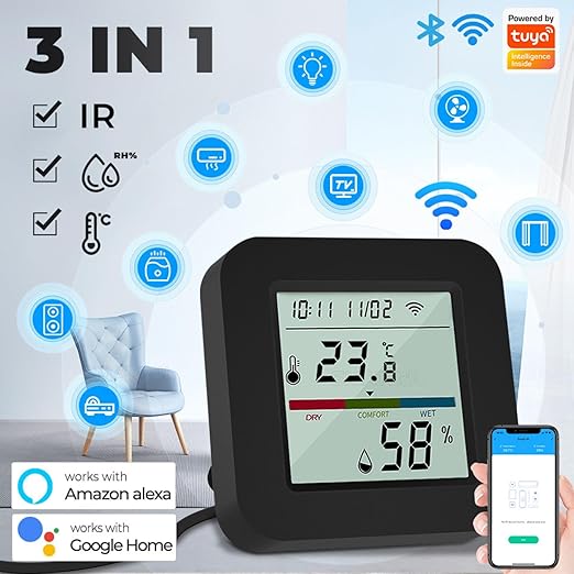 Sanofuturion WiFi Smart IR Remote Control, 3-in-1 Smart AC Controller with Temperature Humidity Sensor n Display, Intelligent Control of T&H for Home Greenhouse Pet Garage, Compatible with Alexa (C1)