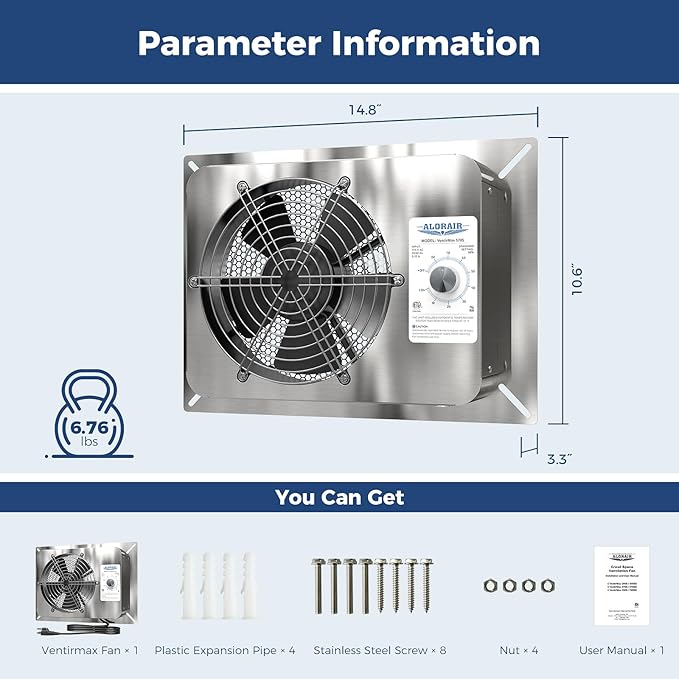 ALORAIR 570CFM Crawlspace Ventilation Fan with Humidistat, IP55 Rated Basement Stainless Steel Exhaust Fan, Built-In Isolation Net 8.1 Inch Foundation Vent Fan for Crawl Space, Garage, Attic,Grow Tent