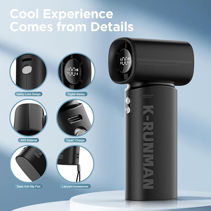 K-RUNMAN Portable Handheld Turbo Fan, 5 Gear Wind, Battery Operated, Up to 12 Working Hours, LED Display with Air Turbo Tech Cooling Fan for Outdoor Activities, Travel, Beach (Black)