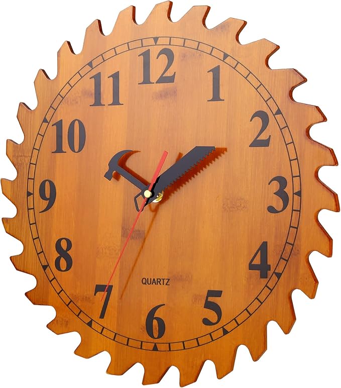 CIGERA 12 Inch Wood Wall Clock with Circular Saw Blade Dial, Handsaw and Hammer Pointer,Great Decor for Farmhouse,Garages and Man Cave