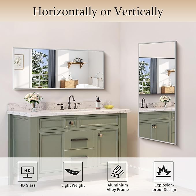 Silver Bathroom Mirror for Wall, 20x48 Inch Rectangle Mirror with Metal Frame, Modern Vanity Mirrors for Bathroom Living Room, Entryway Hangs Horizontal or Vertical