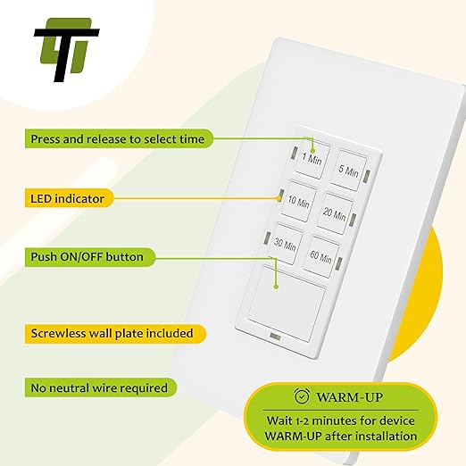 TG 1-Hour Countdown Timer Switch, for Bathroom Exhaust Fans, Heaters, Lights, LED Indicator, 120VAC 800W, No Neutral Wire Required, UL Listed, Screwless Wall Plate, White, 1 Pack