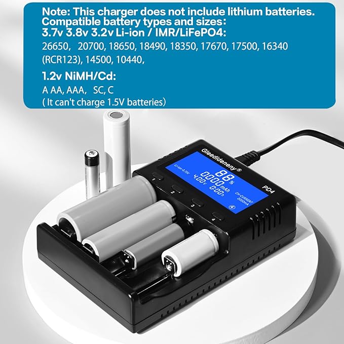 Gleedideneny 18650 Battery Charger,Universal Charger LCD Display for Rechargeable 3.7V 3.8V 3.2V 26650 20700 18650 18350 17670 17500 16340(RCR123) 14500 1.2V AA AAA SC C Size Batteries