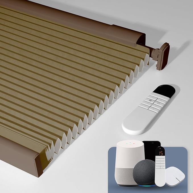 Boolegon No Drill Motorized Cellular Blinds With Remote Motorized Blackout Honeycomb Blinds For Indoor Windows Easy to Install Automatic Cellular Shades For Home,Light Filtering Dark Brown,Custom Size