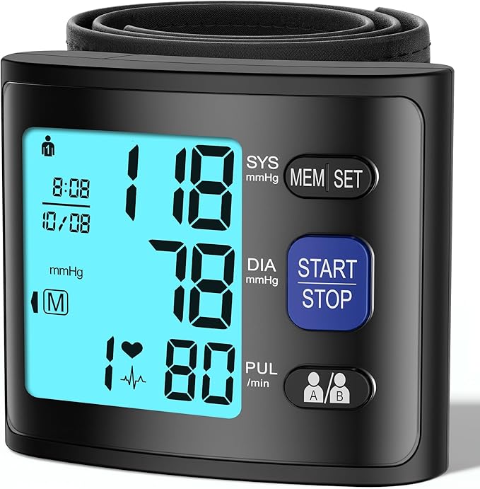 Blood Pressure Monitor Wrist Blood Pressure Cuff Automatic BP Machine with Backlit Display, 2x90 Memory, Voice Broadcast, Measurable Board Carrying Case and AAA Battery Bp Monitor(Black)