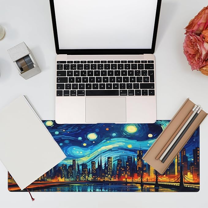 Eflxamz Desk Pad,City Starry Night Desk Mat,Abstract Oil Painting Large Gaming Mouse Pad for Desk,Extended Big Computer Keyboard Mouse Pad with Non-Slip Base and Stitched Edge,31.5"x11.8"