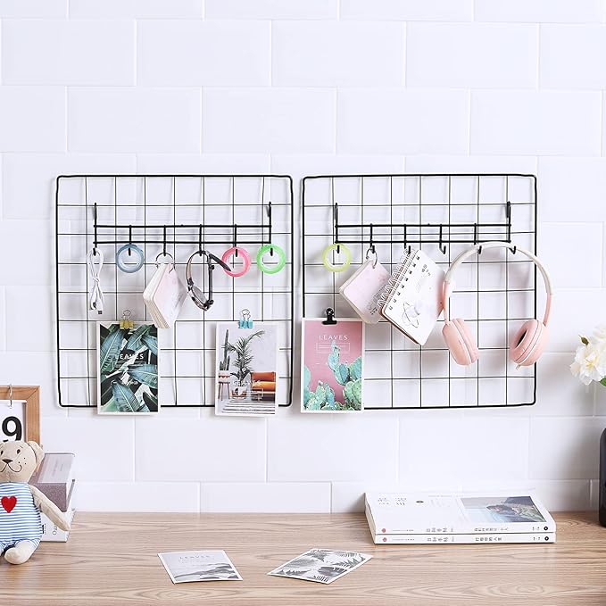 Feadily 6 Pack Metal Grid Panel, 13.8" x 13.8" Black Wire Grid Wall Organizer for Photos, Notes & Decor, Include 2 Hook Racks