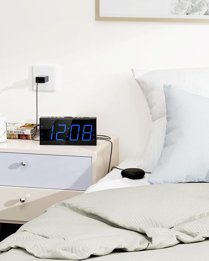 Roxicosly Loud Alarm Clock with Bed Shaker, Vibrating Alarm Clock for Heavy Sleepers/Hard of Hearing/Deaf/Teens, Dual Alarms with 7.5’’ Large LED Display, USB Charger, Dimmer, Snooze & Battery Backup