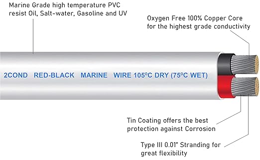 GS Power 100 Ft Duplex Marine Wire, 10 Gauge Wire, Oxygen-Free Tinned Copper 10 AWG Electrical Boat Wiring, Sheathed Copper Marine Grade Electrical Cable for Boat Automotive RV Camper Trailer