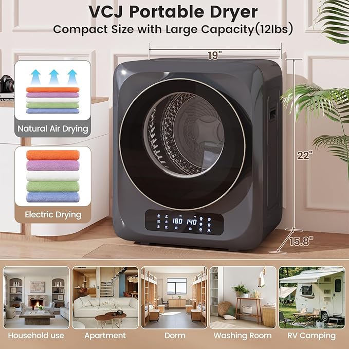 VCJ Portable Dryer for Laundry, 12lbs Clothes Dryer with 6 Drying Modes & 8H Timer, LED Display 850W Front Load Compact Electric Dryer for Apartment, RVs, Dorms