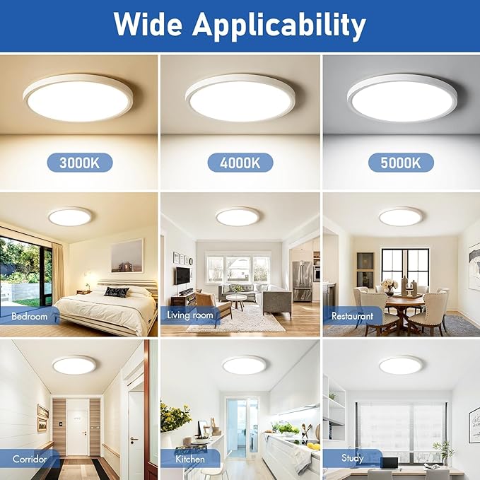 YELIOLED 6 Pack 12 Inch Slim Dimmable LED Flush Mount Ceiling Light Fixtures, 24W 2640LM 3000K/4000K/5000K, House Upgrade Led Lights for Bedroom Hallway Laundry Room Rental Units, 240W Equiv., Black