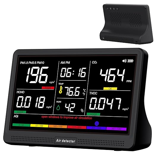 bonoch 16 in 1 Air Quality Monitor Indoor 7" Display 9 AQI+7 AQI Alerts, CO2 Monitor Air Quality Tester for CO2, TVOC, PM2.5 PM1.0 PM10, HCHO Temperature Humidity AQI & Time Air Quality Meter for Home