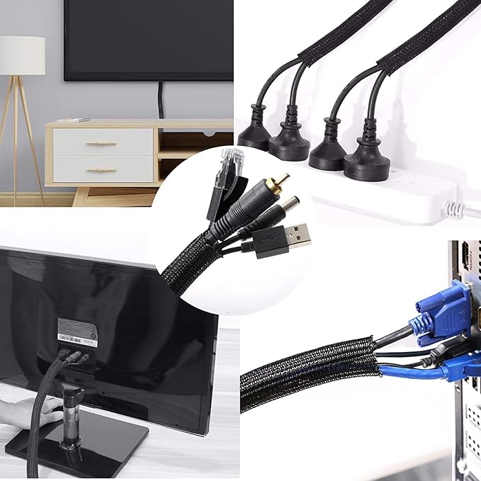 QCSIW 1/4 Inch-25ft Cable Management Sleeve - Flexible Wire Organizer System with Zipper for Home Office TV Computer, Durable Cord Cover Protector, Black