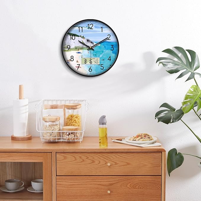 SCOAGE Silent Wall Clock with Temperature Day and Date Blue Mountain and Sea Beach Non-ticking Kitchen Clock Digital Large Display Battery Operated Clocks Decor for Bathroom Living Room Office 12 Inch