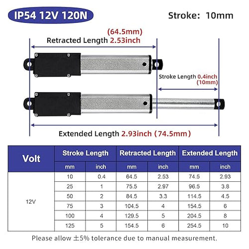 0.5 Inch 28lbs Mini Stroke 12V Electric Linear Actuator 4mm/sec Linear Motion Actuator with Brackets for Cabinets, Robotics, Home Automation, Window Opener(120N, 10mm)