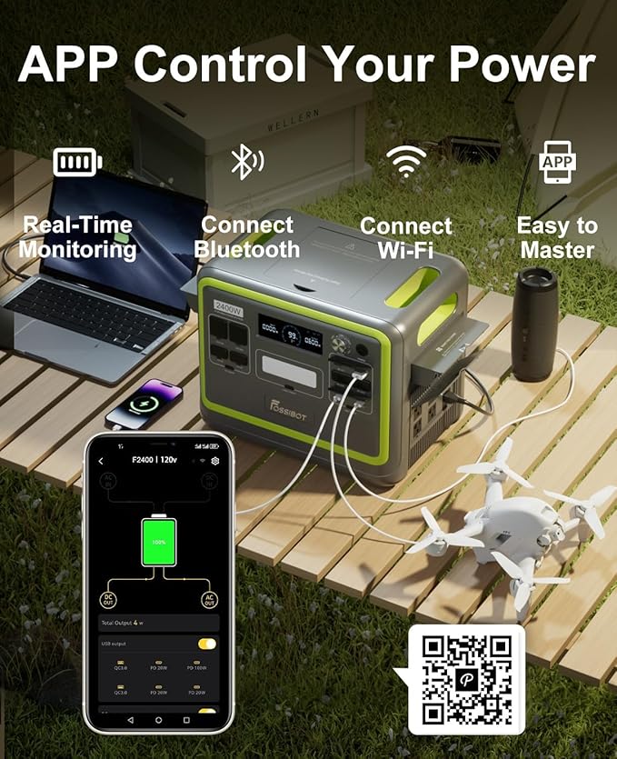 FOSSiBOT F2400 Portable Power Station 2400W (4800W Peak), 2048Wh LiFePO4 Battery Solar Generator with 1100W AC & 500W Solar Charging APP Control,1.5H Fast Charging, for Camping, Home Use, Emergency,RV