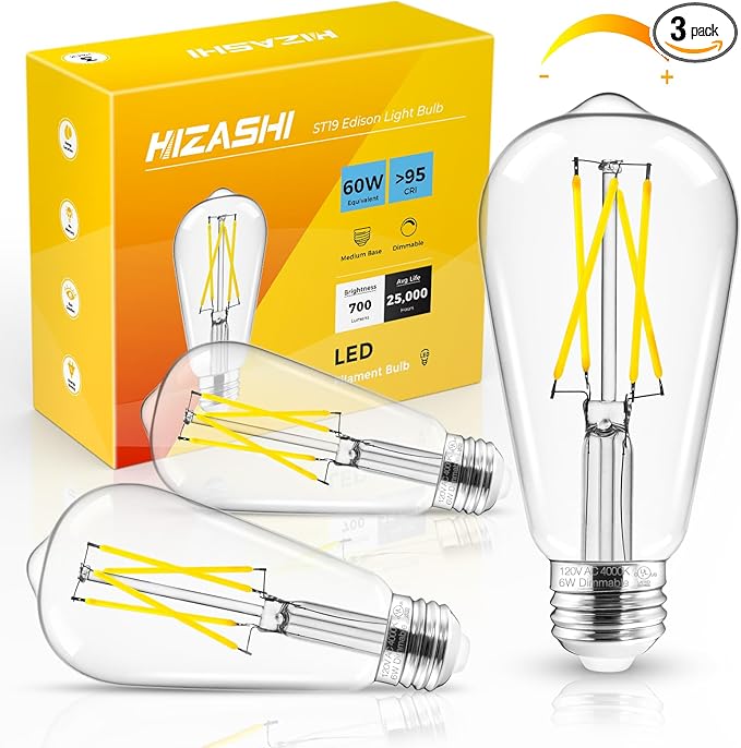 Hizashi E26 Edison Bulb 60 Watt LED, 4000K Dimmable Light Bulbs, ST19 Vintage Light Bulbs Cool White, 95+CRI, UL Listed,700 Lumens 6W E26 Medium Base, Clear Glass, Pack of 3