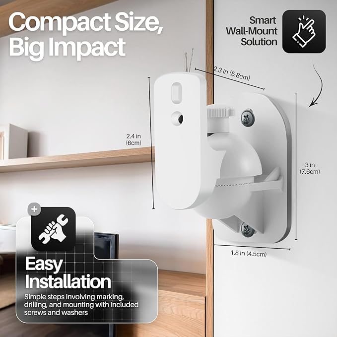 TNP Universal Satellite Speaker Wall Mount Bracket Ceiling Mount Clamp with Adjustable Swivel and Tilt Angle Rotation for Home Theater Surround Sound System Satellite Speakers - 6 Pack, White