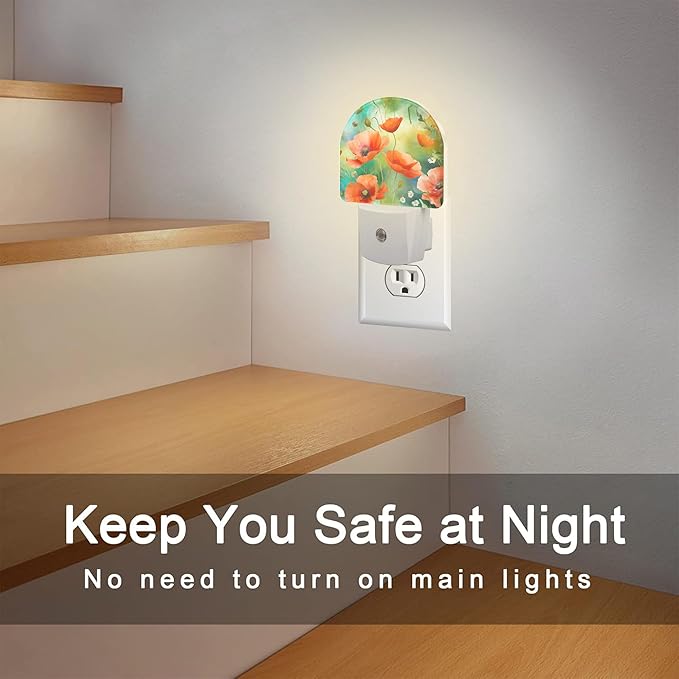 sndheke Watercolor Red Poppies Flower Night Light, Abstract Colorful Floral Dusk to Dawn Night Light Plug in,0.5w Energy Saving Sleep Friendly NightLight for Kids Boys Girls Home Decor