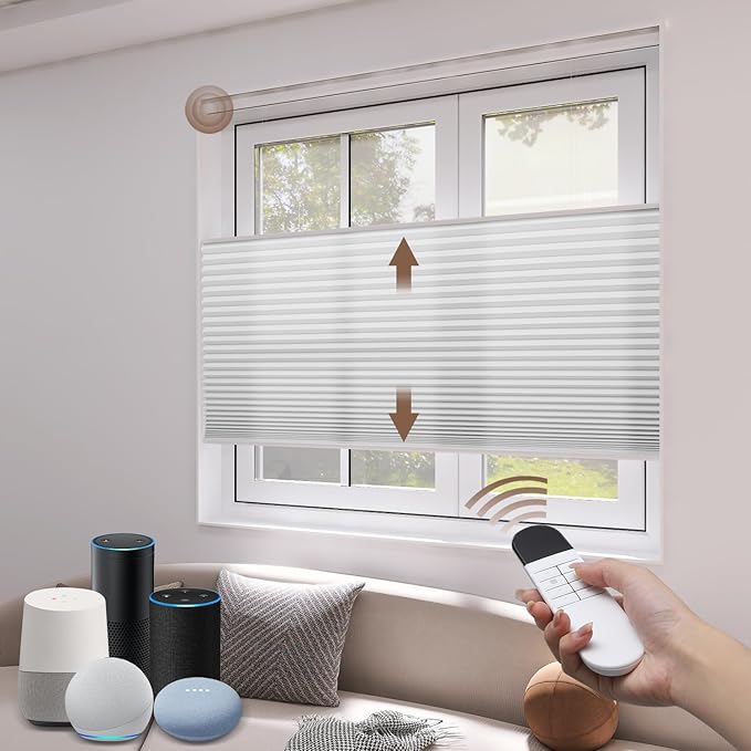 LEXEN Smart Top Down Bottom Up Honeycomb Shades - WiFi Enabled Motorized Cellular Blinds Compatible with Alexa/Google Home Double Cellular Fabric Light Filtering Insulated Custom Sizes-White